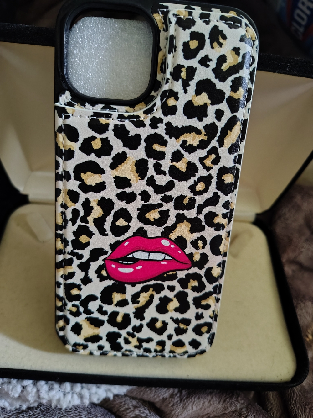 NEW IPHONE 13 Leopard Print Phone Case with Pink Lips Accent